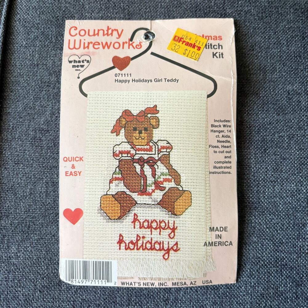 Happy Holidays Girl Teddy Vintage Counted Cross Stitch Kit by Country Wireworks
